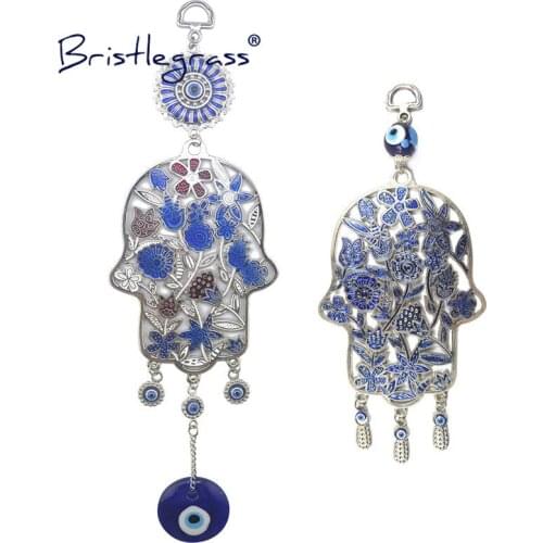 BRISTLEGRASS Turkish Blue Evil Eye Hamsa Hand Amulets Lucky Charm Floral Wall Hanging Pendants Pendulum Blessing Protection Gift