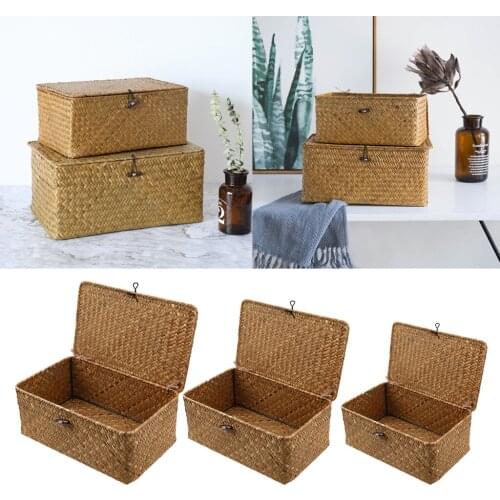 Vintage Seagrass Baskets with Lid Storage Solution Laundry Baskets for Home Office Kitchen Storage Clothes Jewelry Sundries Case