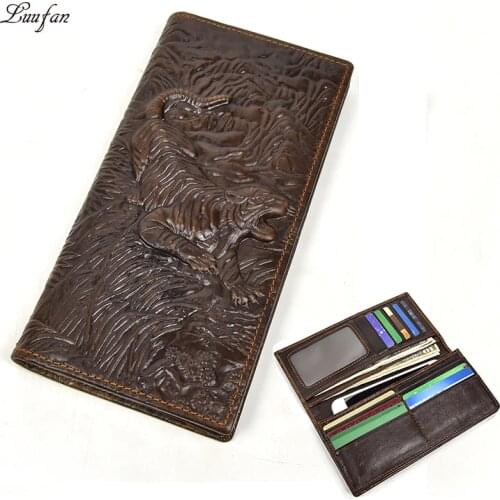 Vintage Genuine Leather Men Wallets Tiger Real Cowhide Leather Long Bifold Purse Casual Zipper Coin Phone Pocket Clutch Wallet