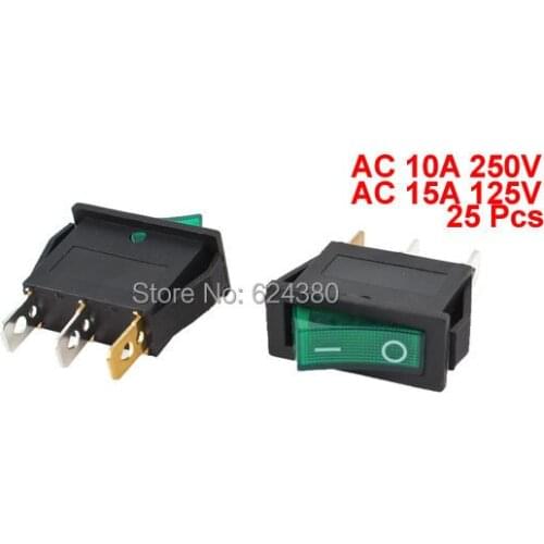 AC 250V/10A 125V/15A Green Indicator Light Two 2 Position On/Off SPST 1P1T Snap in Boat Rocker Switch x 25 pcs / Lots