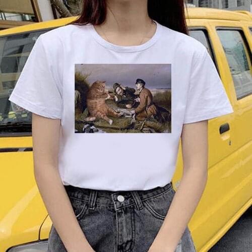 Womens T-shirt Kawaii cat oil painting print T-shirt basic O-neck short-sleeved ladies white graphic girl T-shirt