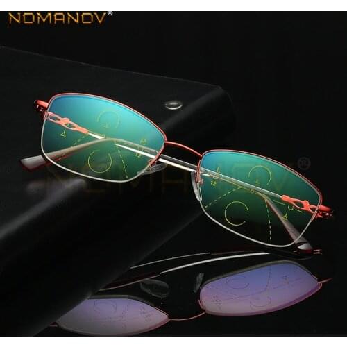Memory Temple Half-rim Red Frame Ladies Women Fashion Progressive Multifocus Reading Glasses Add 75 100 125 150 175 200 to 400
