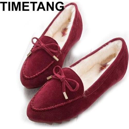 TIMETANG Bow-tied candy color plush flats loafers women creepers big size 40 41 42 winter warm pregnant shoes anti-skid shallow