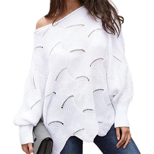 Women Sweaters Basic O-Neck Autumn Tops Women Solid Color Batwing Sleeve Knitted Sweater Flower Edge Hem Hollow Knitwear