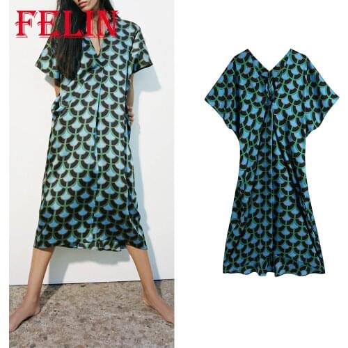 Za 2021 Women Vintage Geometric Print V Neck Loose Long Dress Short Sleeve Elegant Pleated Summer Dress Stylish Vestidos