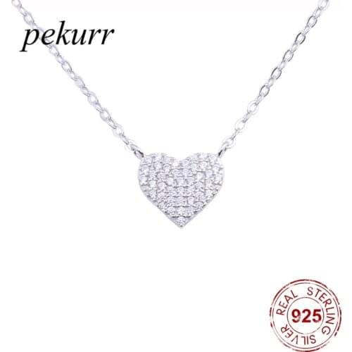 Pekurr 925 Sterling Silver Paved Zircon Love Heart Necklaces For Women Long Chains Collar Pendants Fashion Jewelry Lover Gift