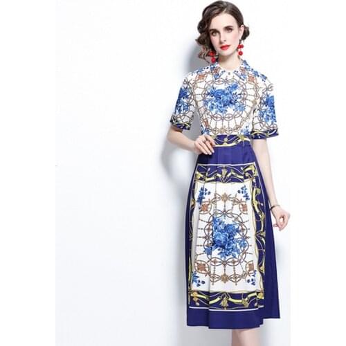2021 summer Fashion Designer Runway Dress Women short Sleeve turn down Collar Print casual Dress