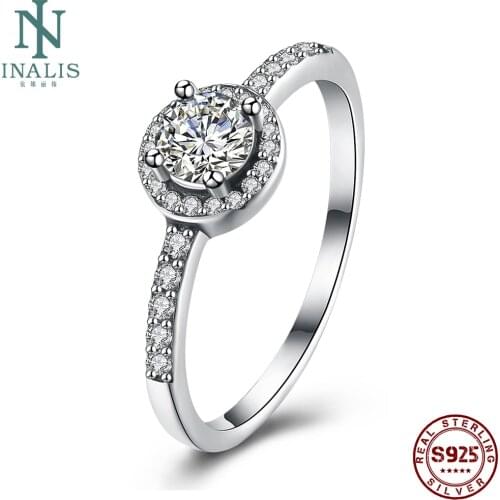 INALIS 925 Sterling Silver Ring Brilliant Stackable Rings Clear Round Zircon Ring For Women Girl Festival Gift Fine Jewelry