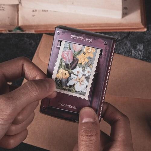 100Pcs/Vintage Stamp Plants Sticker Bullet Journaling Korean Stationery Creative Boxed Stickers Pack Writable Material Paper