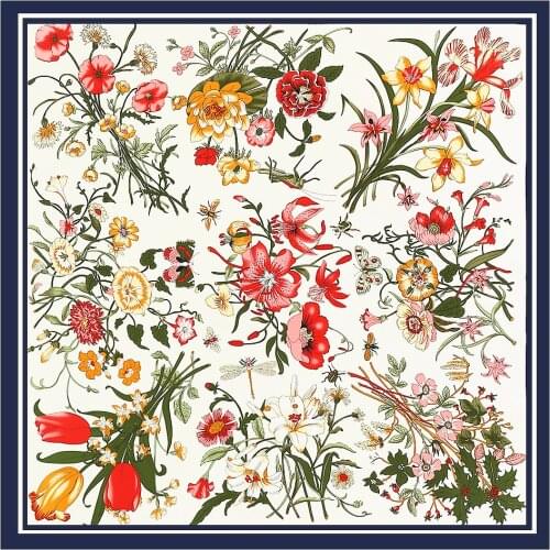 130cm 100% Twill Silk Scarves Luxury Floral Square Scarf Women Brand Hijab Scarf Shawl Design Bandana Foulard Pashmina For Lady