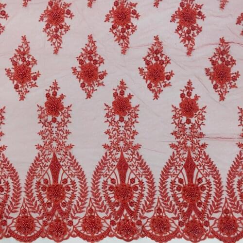 2021 red high quality bridal lace beaded fabric tulle french lace with pearls HY1328-2