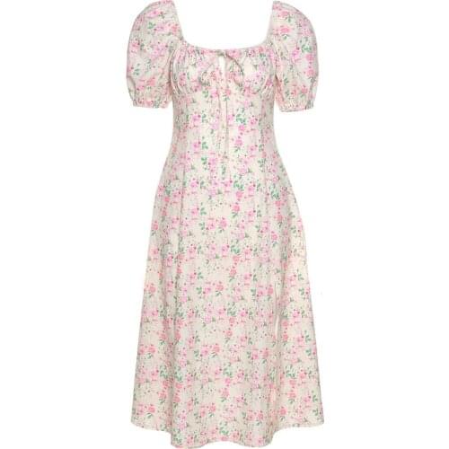 2021 Floral Print Puff Short Sleeve Women Dress High Split Party Long Dresses Elegant Lace Up Sweet Summer Club Sexy Dress