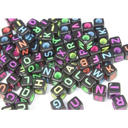 300pcs/7*7mm Random Mixed Fluorescent Color Black Alphabet /Letter Acrylic Cube Beads Fit Bracelet & Necklace DIY