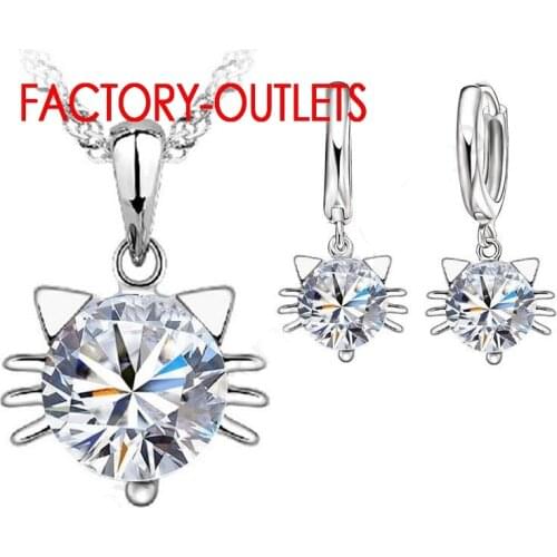 925 Sterling Silver Necklaces Earrings Jewelry Sets Fashion Jewelry Cute Cat Design CZ Cubic Zirconia Women Girls Party