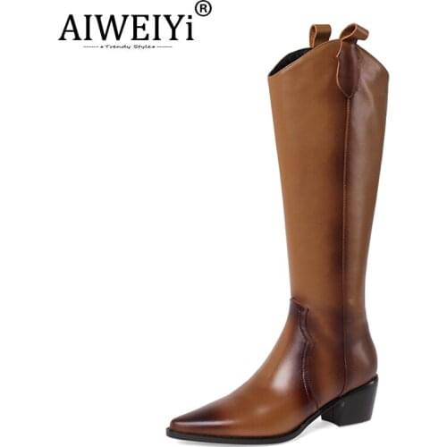 AIWEIYi Black Knee High Boots Genuine Leather Shoes For Women Martin Boots Black Brown Motorcycle Boots Winter Pointed Toe Shoes