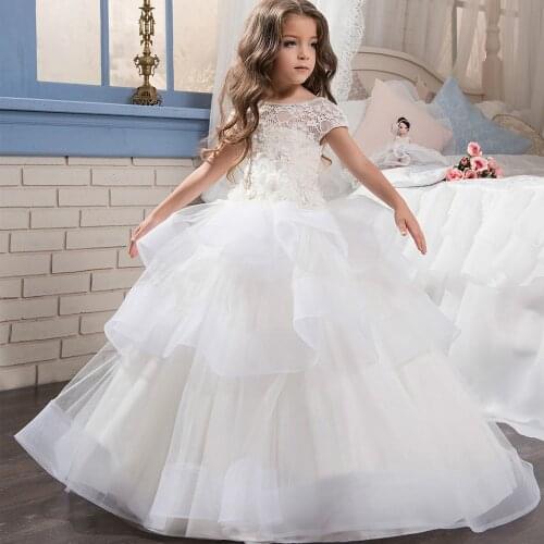 White Lace Girls Pageant Dress Trailing Flower Girl Dresses For Toddlers Kids Formal Birthday Party Dresses First Communion Gown