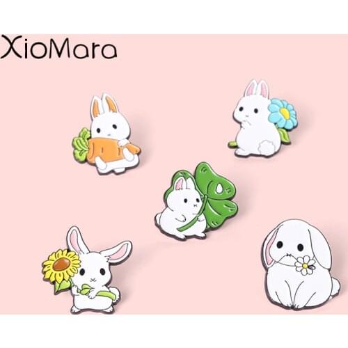 Kawaii Bunny Enamel Pin Cute Rabbit Leaf Sunflower Radish Lotus Leaf Brooches For Women Animal Badge Clothes Lapel Jewelry Gifts