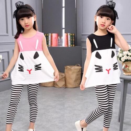 Girls Clothing Sets Summer Cotton Cartoon Cat Dress T-Shirt Leggings Pants 2Pcs Toddler Girls Suit Kids Clothes Fashion Stripe