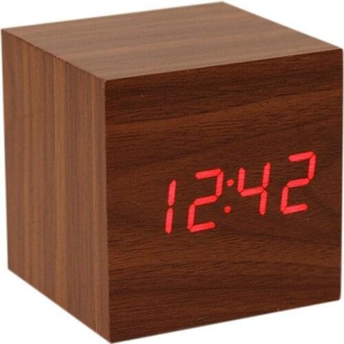 Square Desktop Table Digital Thermometer Clock Cube LED Wood Alarm Clock Sound Control