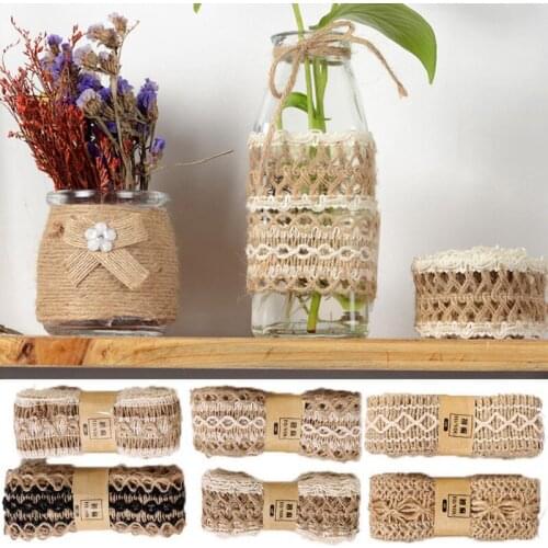 2 Meter Natural Jute Burlap Lace Ribbon With White Lace Trim Edge Wedding Decoration DIY Bow Craft Ribbons Linen Rolls