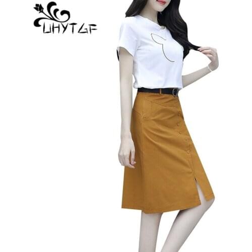 UHYTGF Summer Dress Womens Skirt Suit 2021 Fashion O Neck Pullover Elegant Two Piece Set White T-Shirt Tops Plus Size Dress 1671