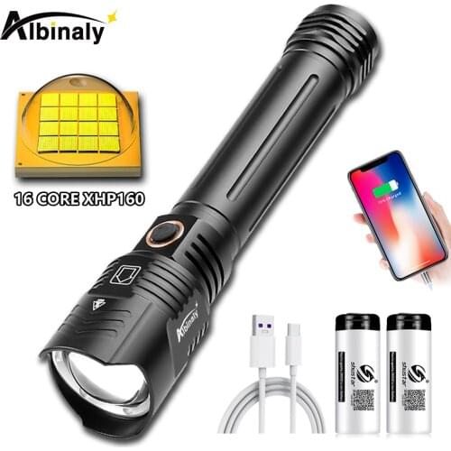 Powerful XHP160 LED Flashlight Waterproof Zoom Torch 5 Modes XHP99 Tactical Lantern USB Rechargeable 26650 Lamp Camping Light