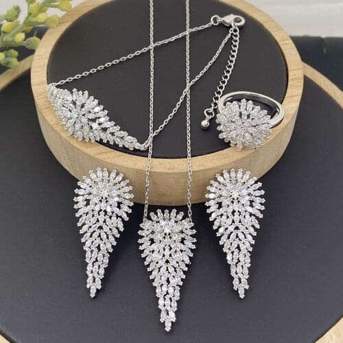 Lanyika Fashion Jewelry Set Gorgeous Water Drop Zirconia Necklace with Earrings, Bracelet and Ring for Woman Banquet Party Gift