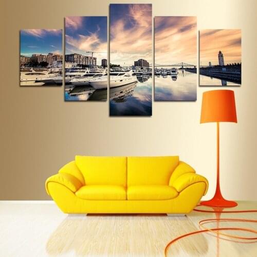 Living Room Wall 5 Panel Canvas Art Oil Paintings Modern Landscape Lakeside Town Boat Painting Set Home Decor Prints No Frame
