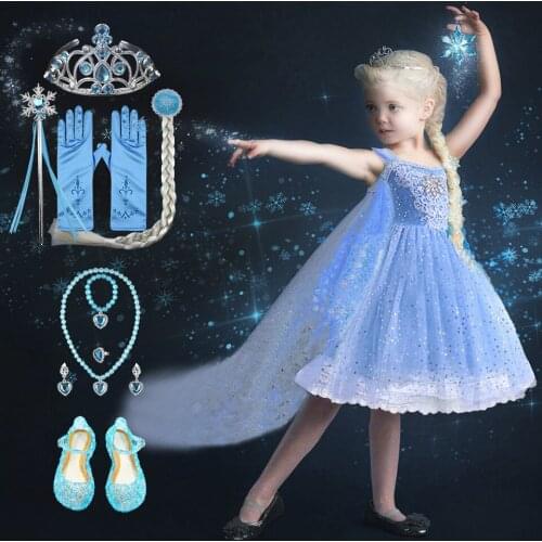 Fancy Girl Lace Flower Crystal Snow Queen Elsa Princess Dress Elegant Kids Sequins Sling Gowns Child Birthday Party Prom Dress