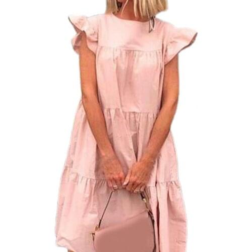 Plus Size Women Dress Round Neck Short Sleeve Solid Color Summer Loose Midi Dress Sundress 2021 Fashion Casual Ladies Vestidos