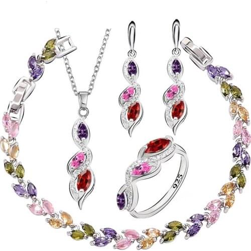 Multicolor Cubic Zirconia Silver Color Jewelry Sets For Women Necklace Pendant Earrings Ring Bracelet Free Gift Box WPAITKYS