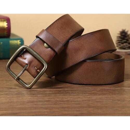 3.8cm Belt Male Leather Copper Buckle Handmade First Pure Cowhide Retro All-match Casual Jeans Soft Belt Brown Black Luxury