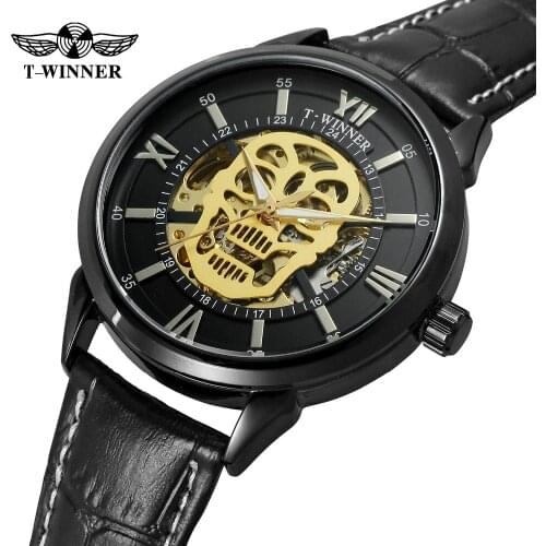 T-Winner Mens Watch Skeleton Automatic Movement Leather Strap New Brand Fashion Skeleton Wristwatch for Halloween Gift