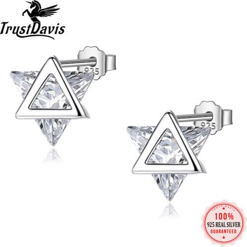 ElfoPlataSi Real 925 Sterling Silver Fashion Triangle CZ Charm Stud Earring For Women Wedding Valentines Day Fine Jewelry DD281