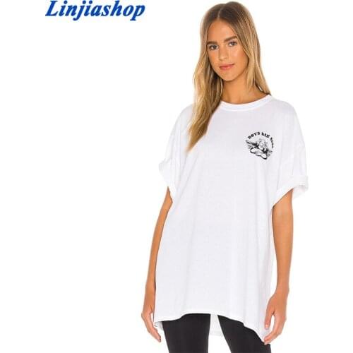 Spring summer girls loose white cotton T-shirt cartoon letter printing casual O-neck simple tees