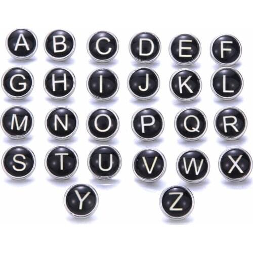 High Quality Black Letters Rhinestone Metal Glass Round 12mm 18mm Snap Button Jewelry Alphabet A-S DIY Jewelry fit Snap Jewelry