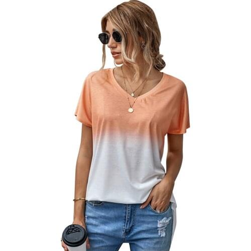 2020 Summer New Mid-Length Short-Sleeved Top Womens V-neck Mid-Length Gradient T-shirt