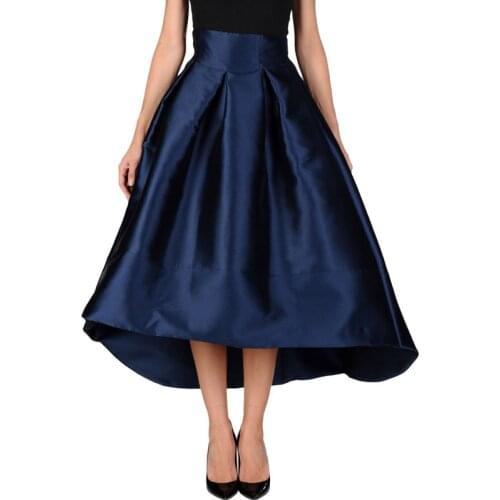 Custom Made Dark Blue Satin Women Skirt High Quality Fashion Asymmetrical High Low Pleated Midi Skirt Big Swing Saia Faldas