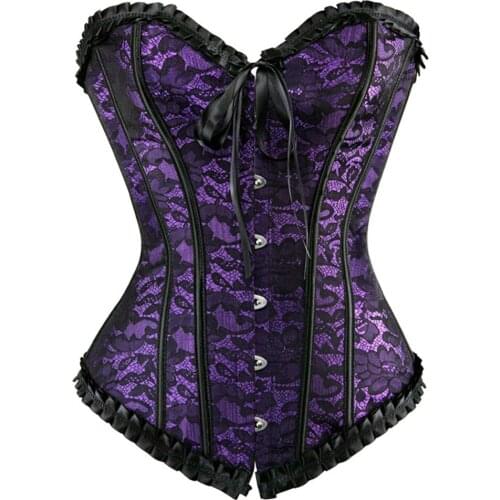 Womens Overbust Pleated Lace Trim Corset Korset Slimming Body Shaper Costumes Outfit Ruffled Lace Up Boned Burlesque Bustier