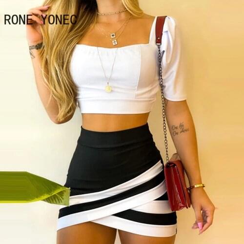 Women Plain Short Sleeve Crop Top & High Waisted Colorblock Skirt Set Summer Vacation Suit