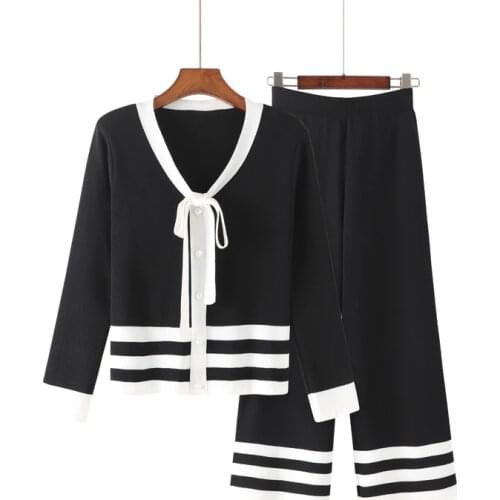 Summer 2019 new bow-tied top + wide-leg trouser suit womens small fragrance fashion sweater two-piece set