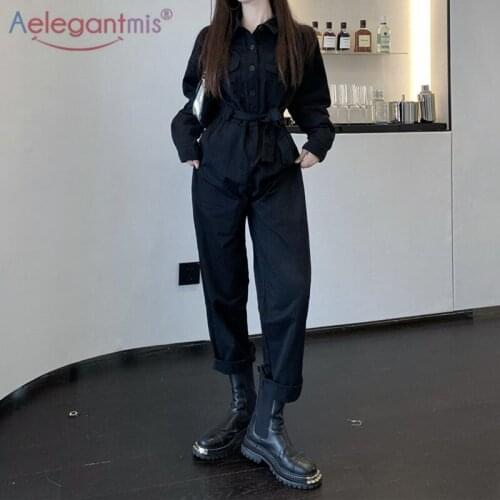 Aelegantmis 2021 Fashion Black Long Sleeve Loose Jumpsuit Women with Belt Korean Style High Street Romper Female High Waist Pant