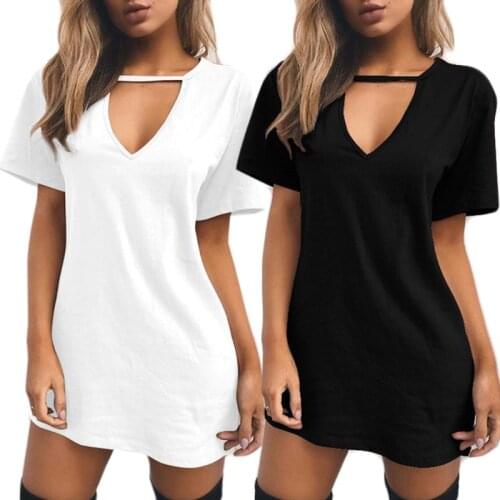 2021 new solid loose short sleeve deep V necked hollow T-shirt dress sexy
