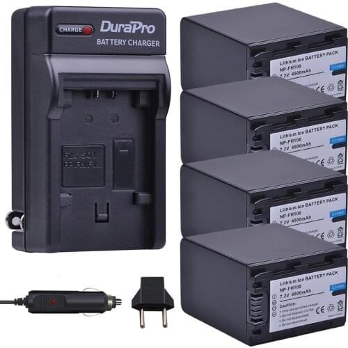 4pc 4500mAh NP-FH100 NP FH100 Camera Battery + Car / Wall Charger For Sony DCR-SX40 SX40R SX41 HDR-CX105 SR42E SR45E Bateria