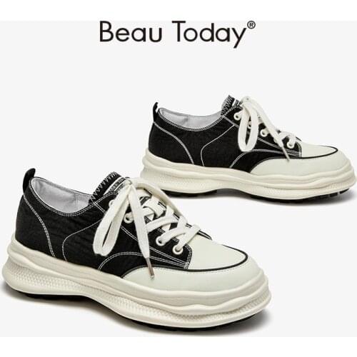 BeauToday Canvas Women Synthetic Leather Platform Shoes Fabric Patchwork Casual Lace Up Dissolve Sole Ladies Trainers 29598