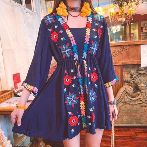 Bohemian Holiday Retro Ethnic Style Heavy Industry Embroidered Sun Block Long-Sleeved Drawstring Slim Waist Short Dress