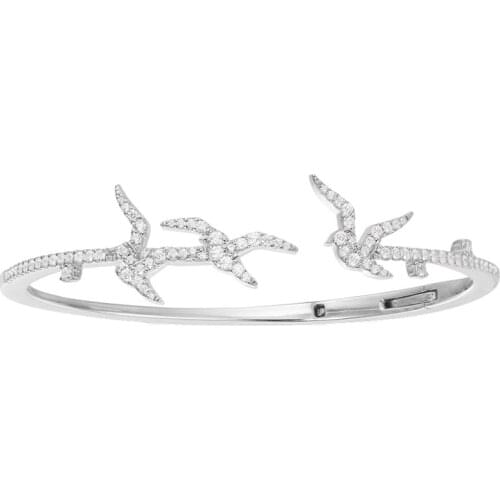 SLJELY July New Solid 925 Sterling Silver Swallows Open Cuff Micro Cubic Zirconia Bangle Bracelet Women Luxury Brand Jewelry