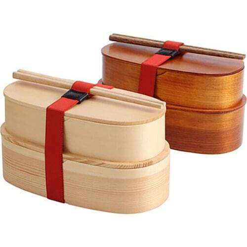 Wooden Lunch Box Double-decker SuShi Box Bento Box With Chopsticks Straps For Student Office Worker Food Container Dinnerware