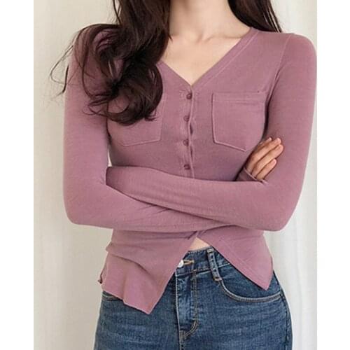 T Shirt Women Irregular Double Pocket Front Button Long Sleeve Tshirt Female 2020 Autumn Ladies Tops Tee Shirt Femme White Black