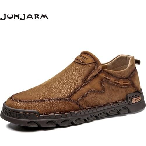 JUNJARM Brand Men Casual Shoes Soft Split Leather Men Slip On Loafers Outdoor Men Sneakers Light Driving Men Shoes Big Size38-48